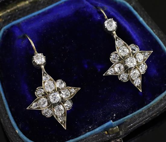 A pair of Victorian gold, silver and old mine cut diamond set drop earrings, overall 31mm.